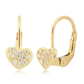 14K Yellow Gold Heart Leverback Earrings with Pavé Simulated Diamonds