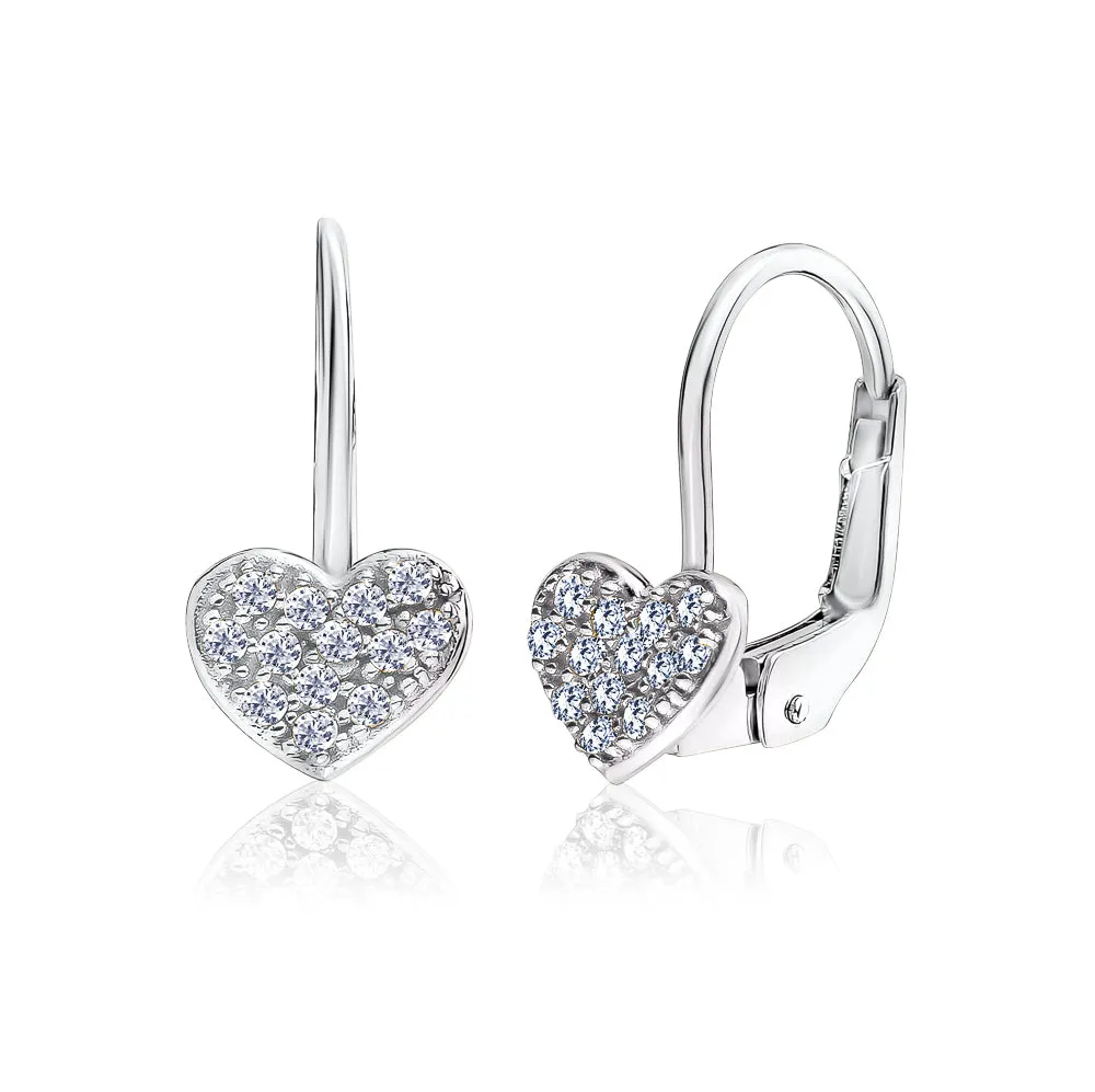 14K Yellow Gold Heart Leverback Earrings with Pavé Simulated Diamonds