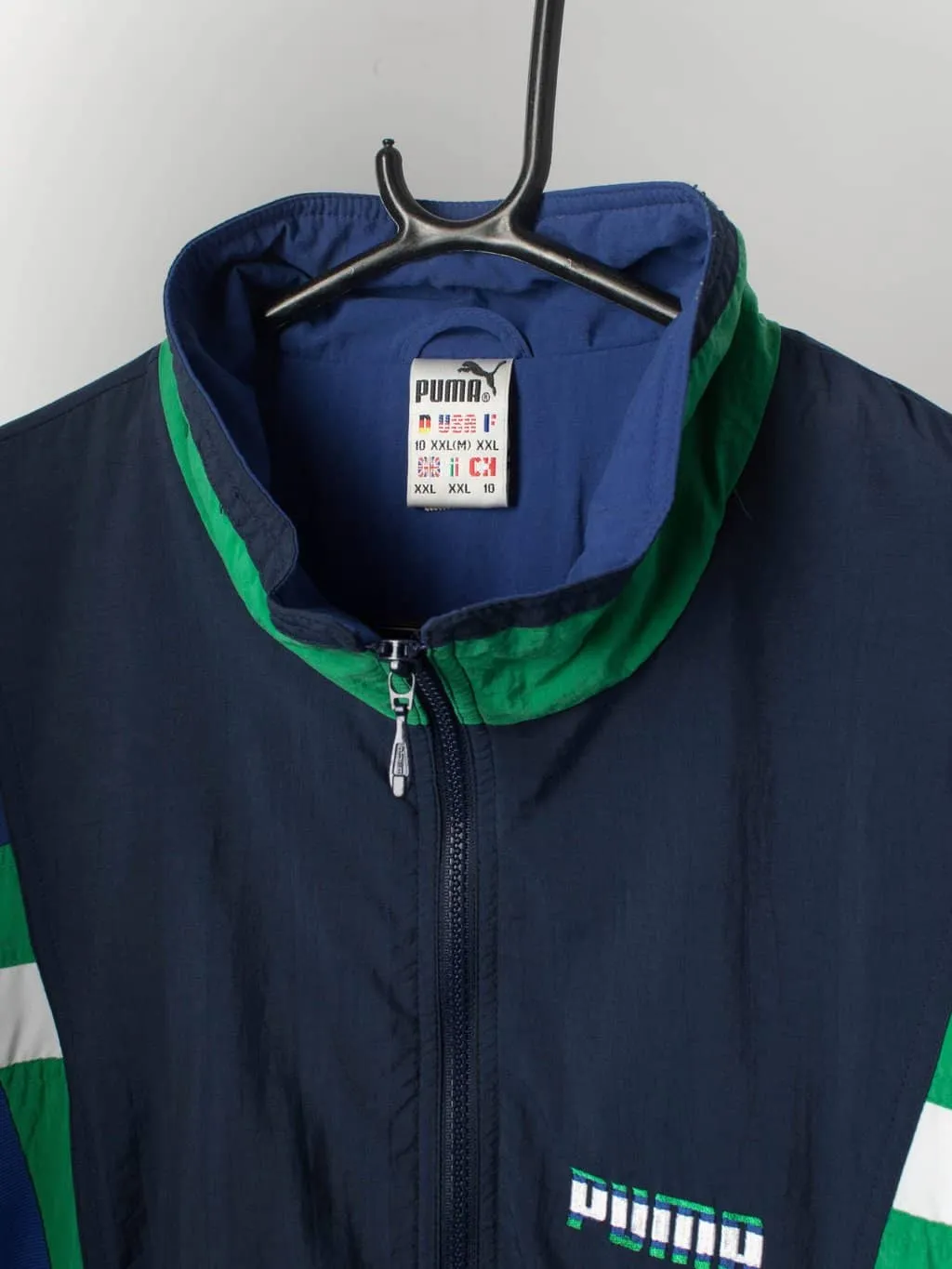 90s vintage Puma shell jacket in blue, white and green smart retro sports jacket – 2XL