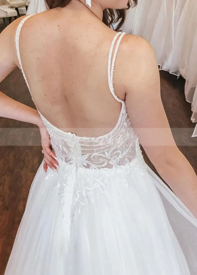 A-line Open Back Spaghetti Straps Sleeveless Lace Tulle Wedding Dress