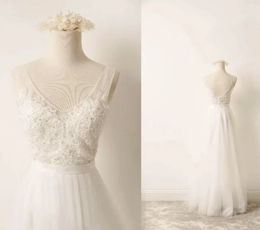 A-Line Tulle Lace V Neck Wedding Dress With Sweep Train