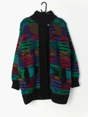 Bright vintage knitted cardigan coat with abstract design – Large