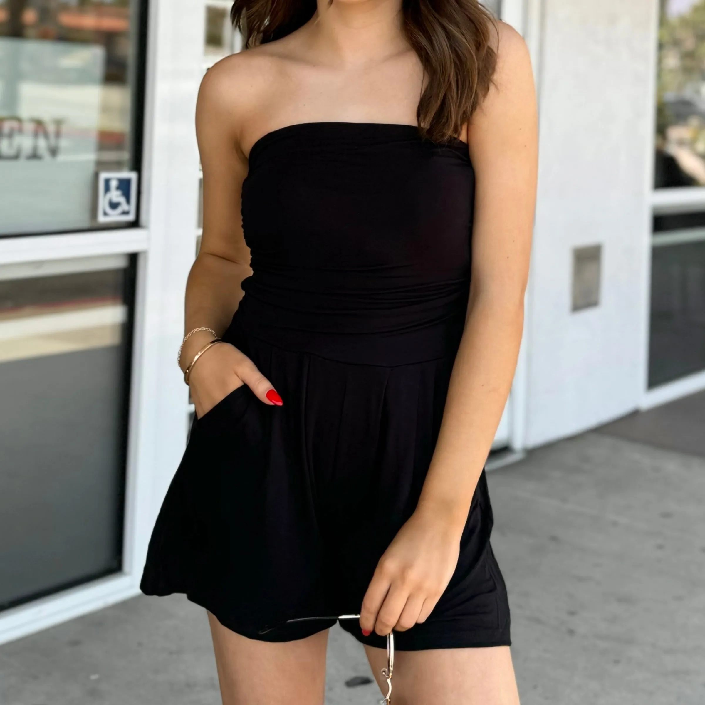 Cali Solid Tube Top Romper Black