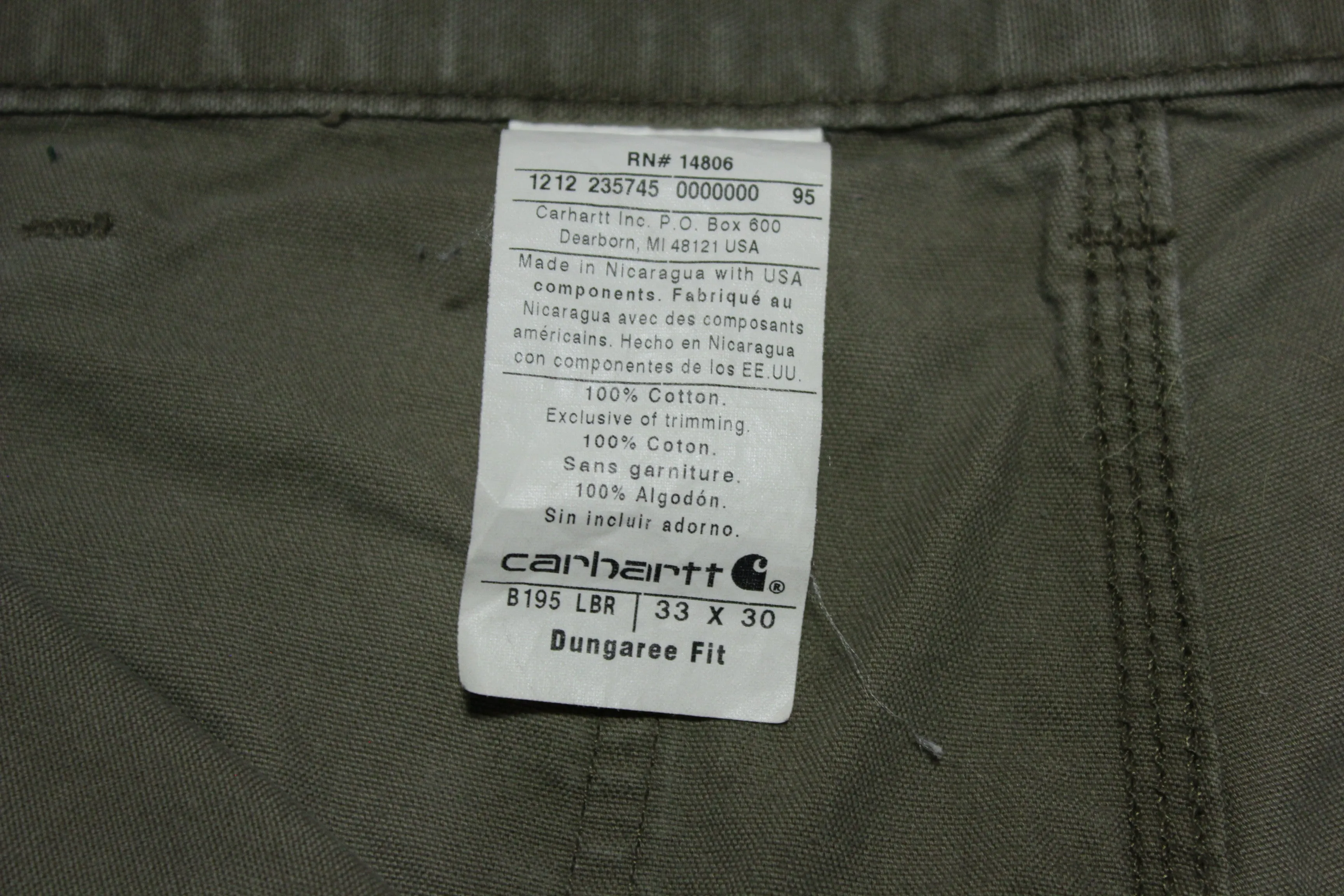 Carhartt B195 LBR Dungaree Fit Double Knee Carpenter Light Work Pants 36x26