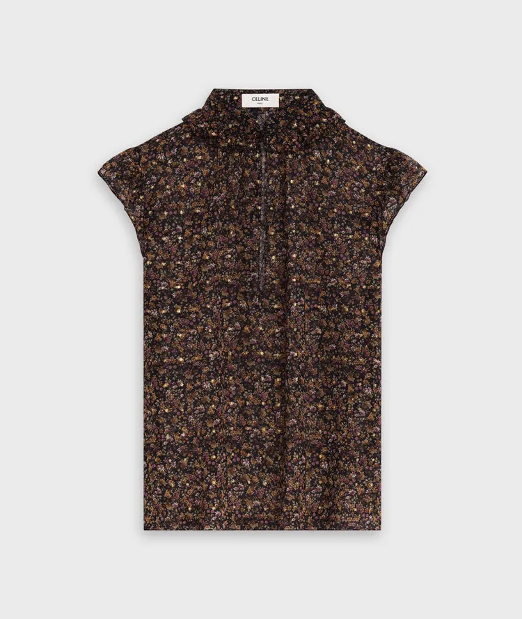 CELINE  |Flower Patterns Silk Short Sleeves Puff Sleeves Outlet