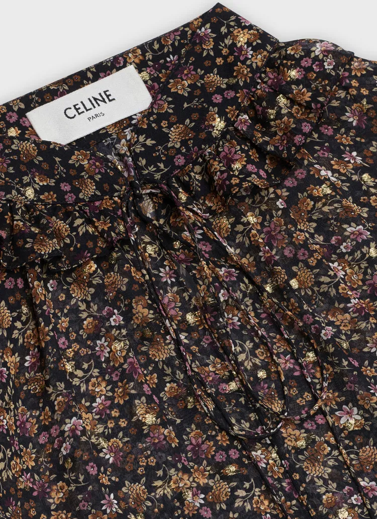 CELINE  |Flower Patterns Silk Short Sleeves Puff Sleeves Outlet