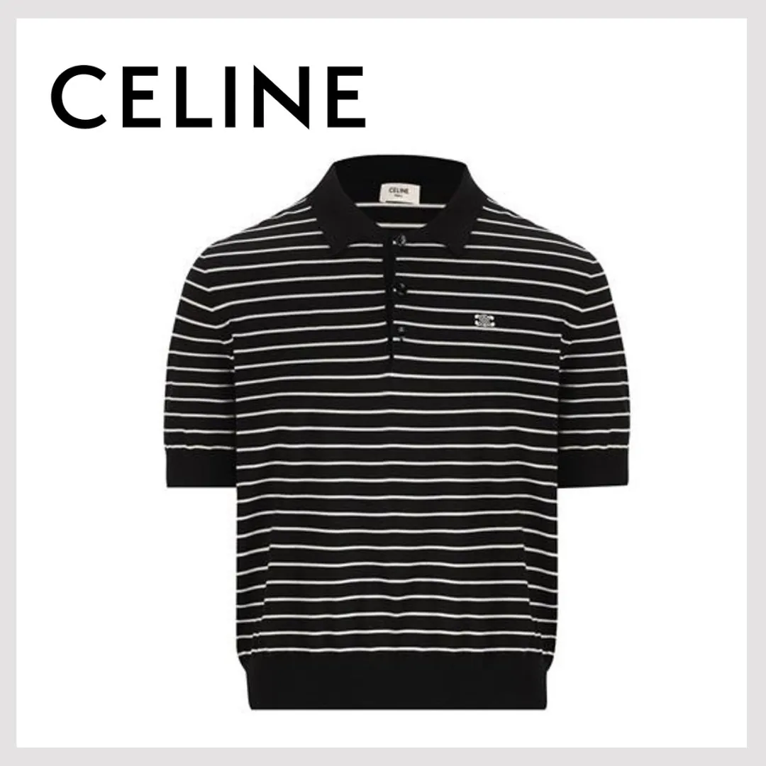 CELINE  |Stripes Cotton Short Sleeves Luxury Polos