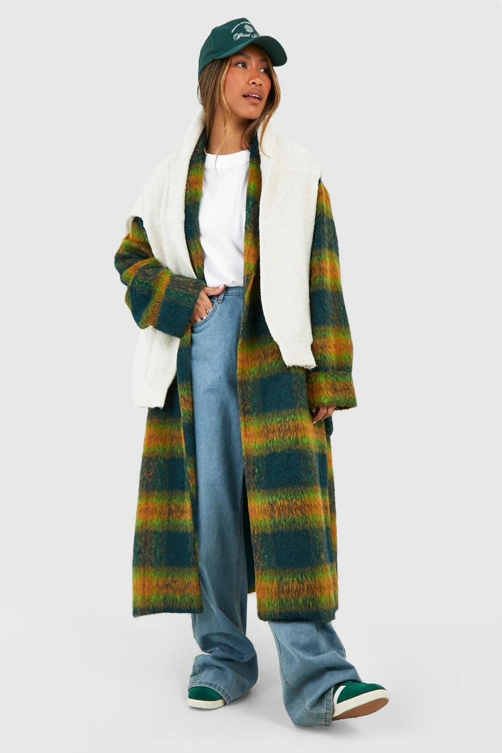 Check Cuff Detail Belted Wool Look Coat