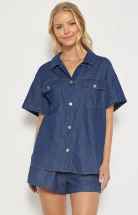 Contrast Stitching Chambray Shirt and Shorts Set (WSE342A) 