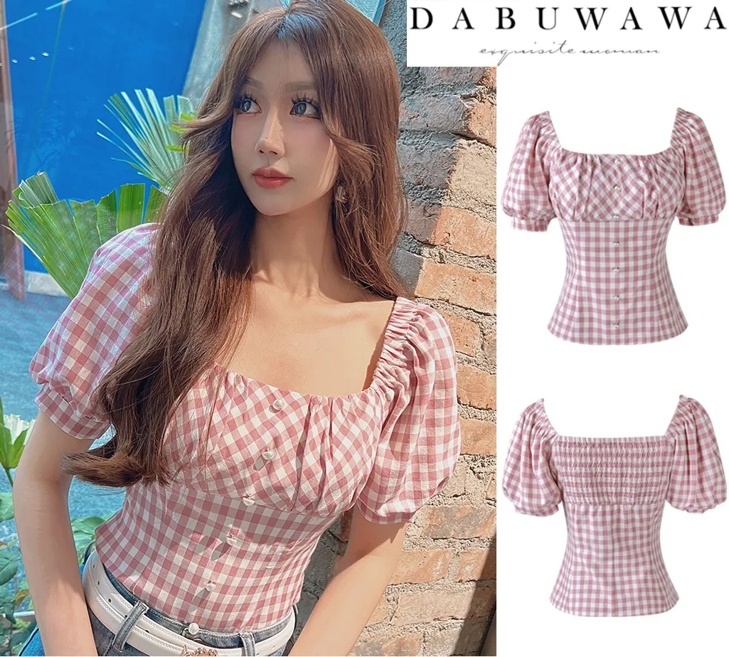 Dabuwawa  |Gingham Short Sleeves Puff Sleeves Shirts & Blouses