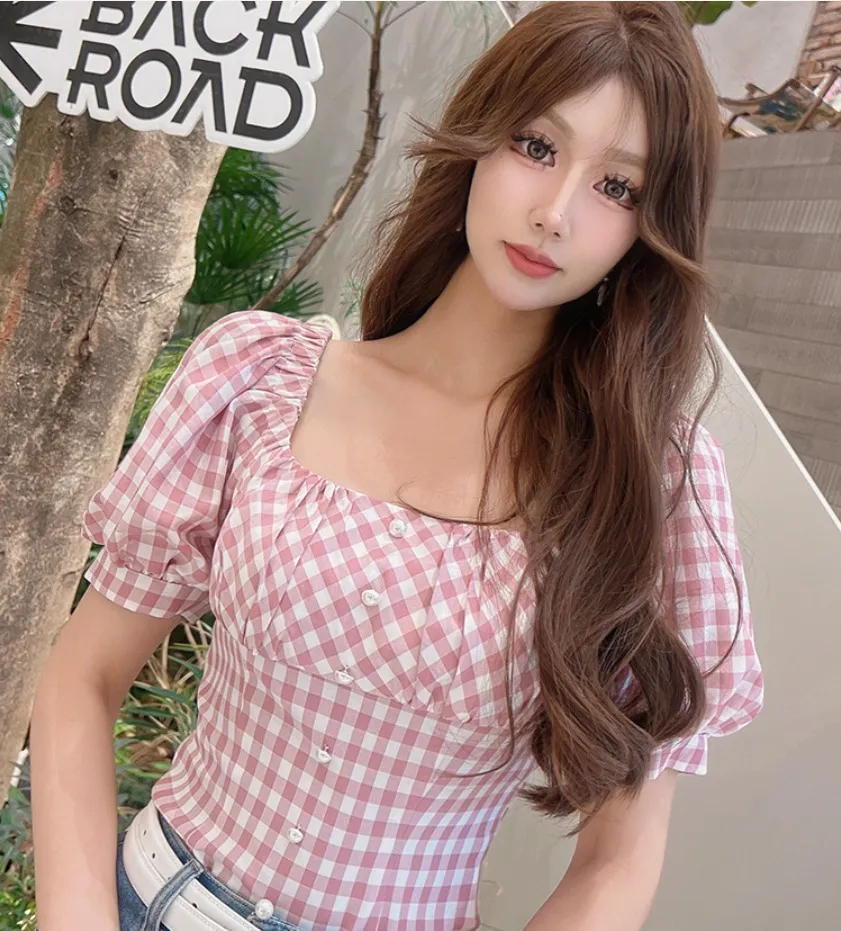 Dabuwawa  |Gingham Short Sleeves Puff Sleeves Shirts & Blouses