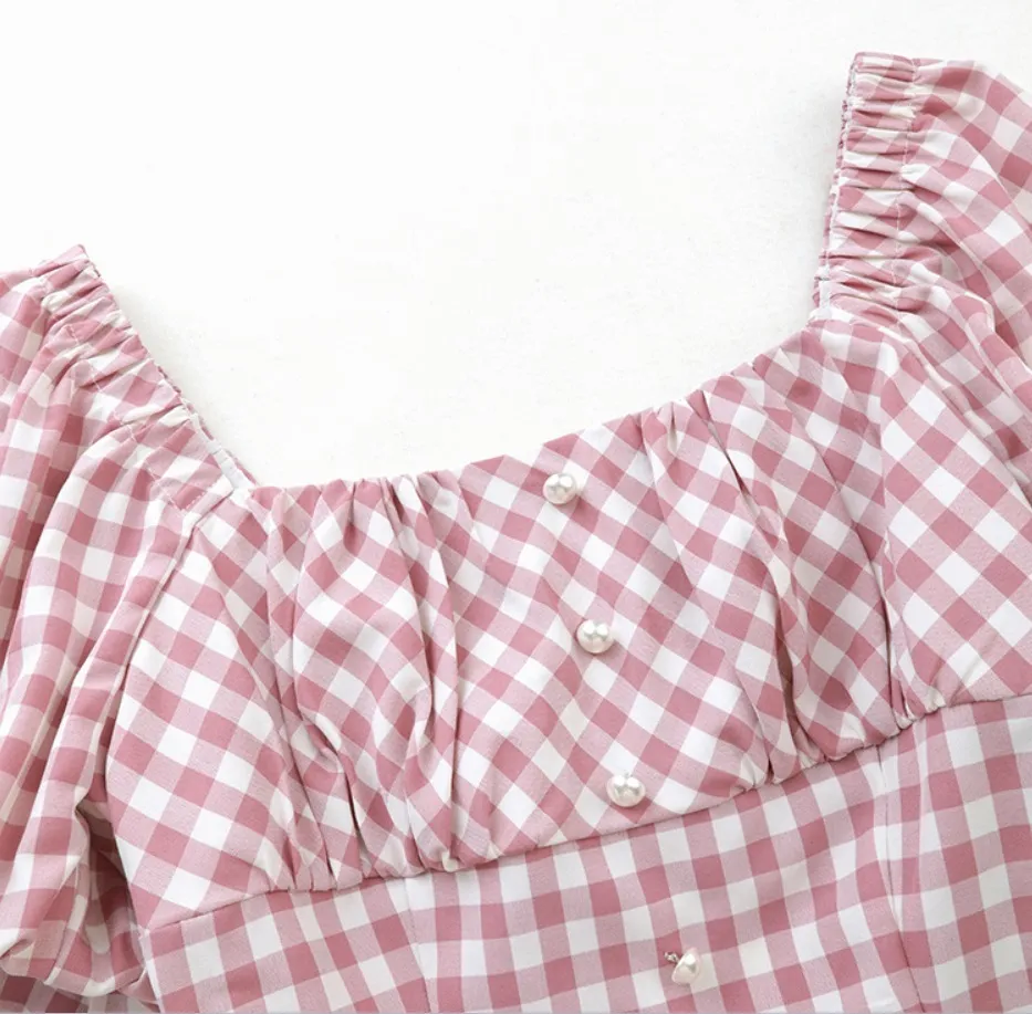 Dabuwawa  |Gingham Short Sleeves Puff Sleeves Shirts & Blouses