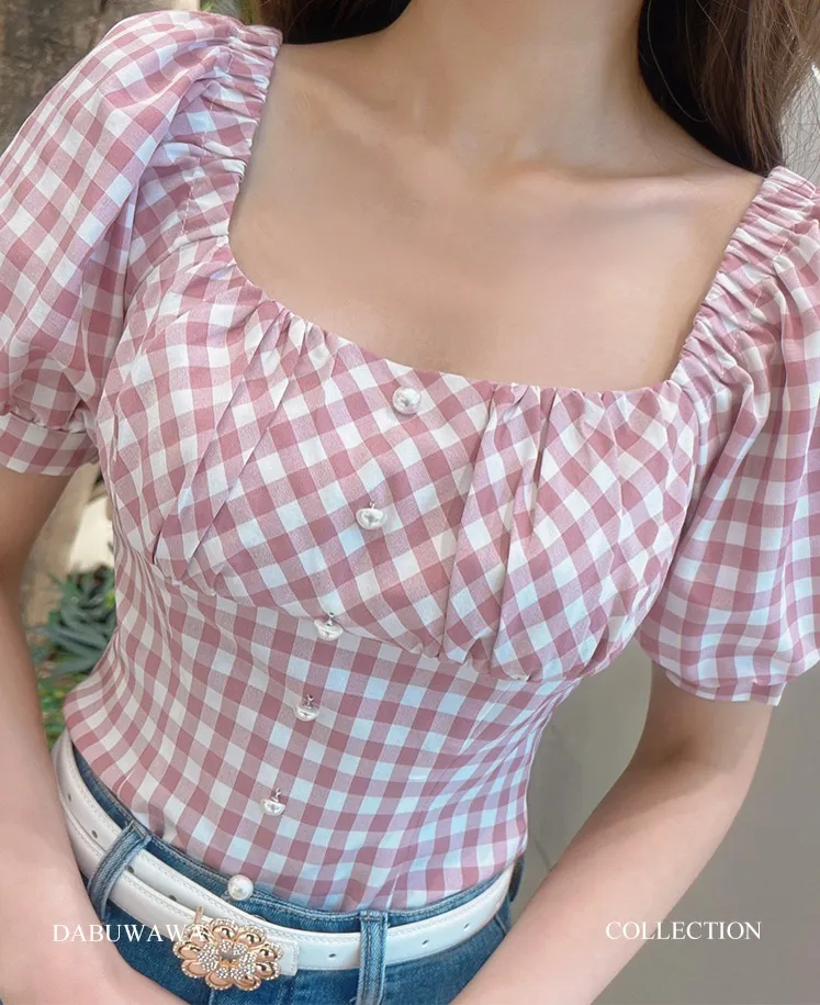 Dabuwawa  |Gingham Short Sleeves Puff Sleeves Shirts & Blouses