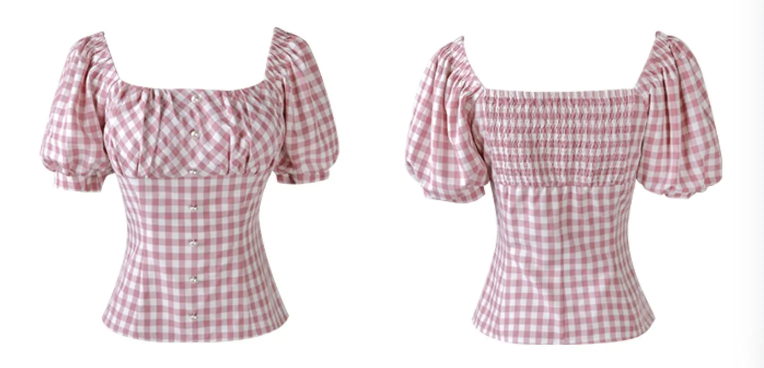 Dabuwawa  |Gingham Short Sleeves Puff Sleeves Shirts & Blouses