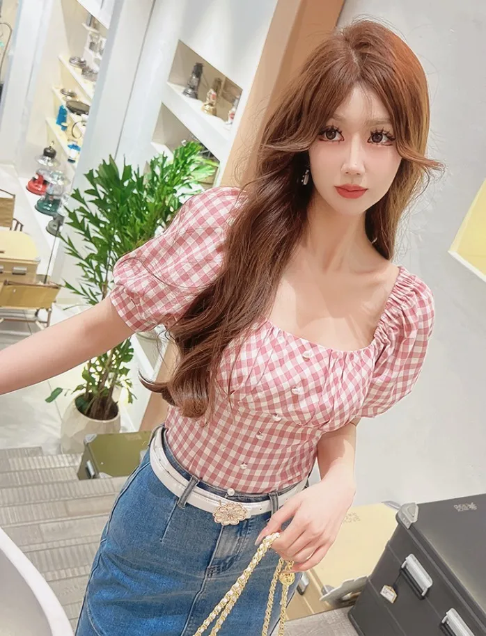 Dabuwawa  |Gingham Short Sleeves Puff Sleeves Shirts & Blouses