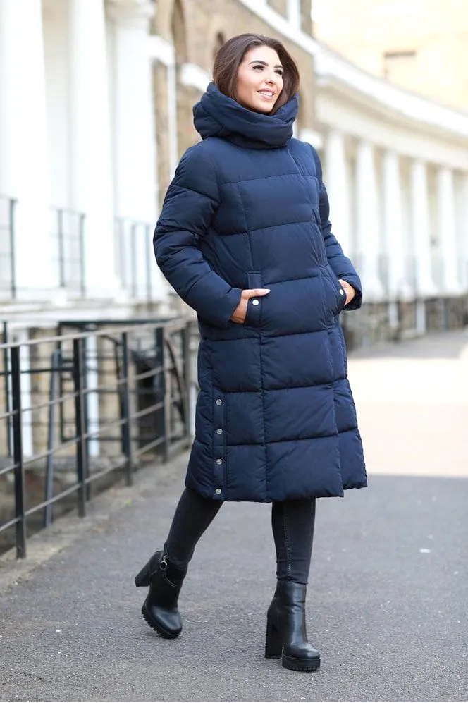 Double Second Navy Long Lux Wrap Puffer Coat