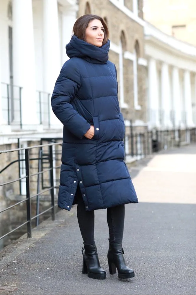 Double Second Navy Long Lux Wrap Puffer Coat