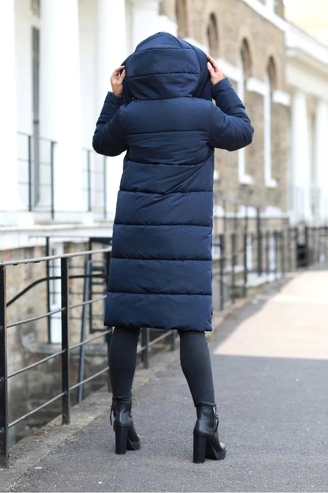 Double Second Navy Long Lux Wrap Puffer Coat