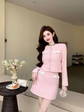 Early spring new style Shenzhen Nanyou high-end women's clothing celebrity small fragrance contrasting color bow pink suit skirt