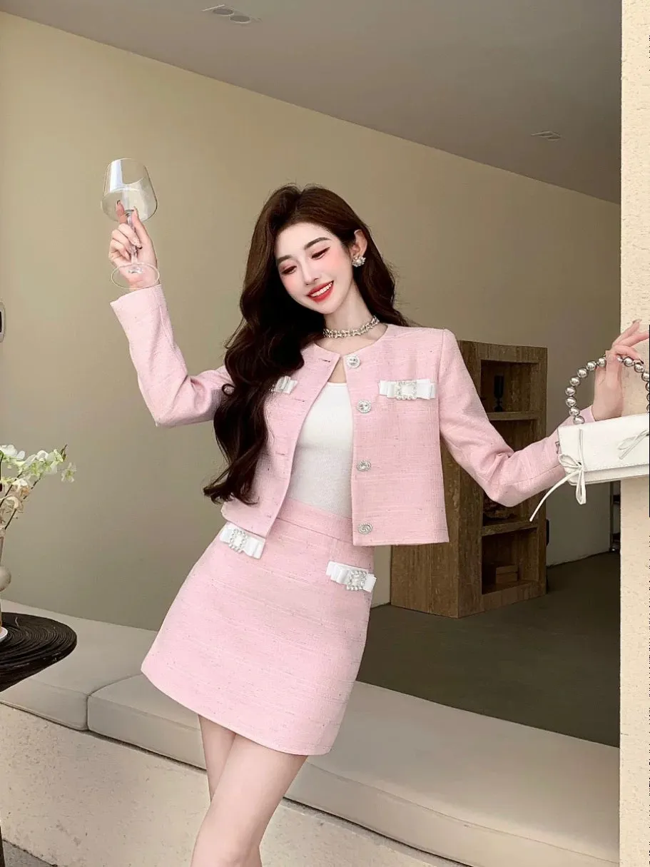 Early spring new style Shenzhen Nanyou high-end women's clothing celebrity small fragrance contrasting color bow pink suit skirt