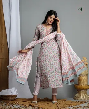 Floral Hand Block Print Cotton Suit Set with Mulmul Dupatta (CSS01)