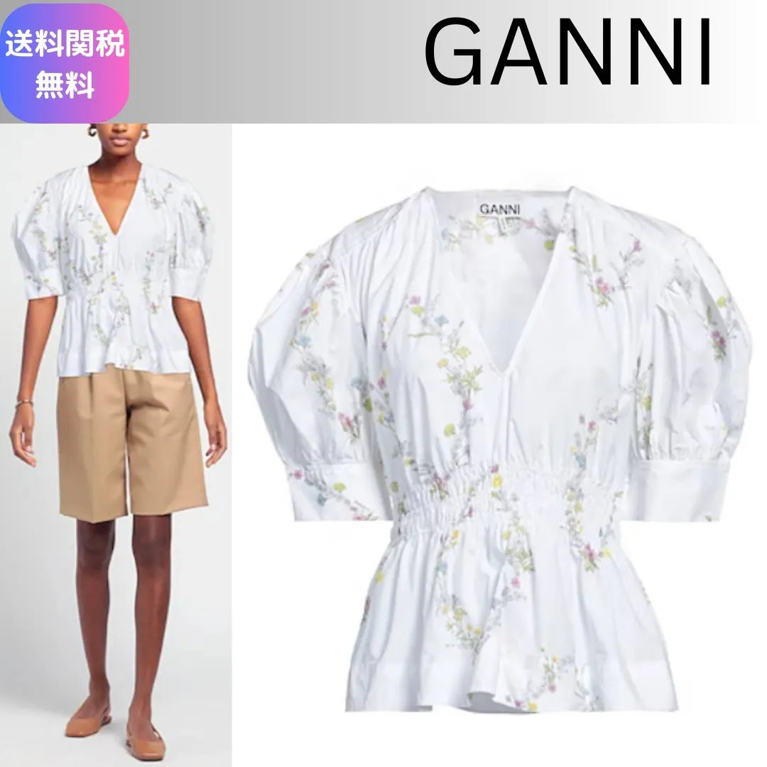 Ganni  |Flower Patterns Cotton Short Sleeves Puff Sleeves