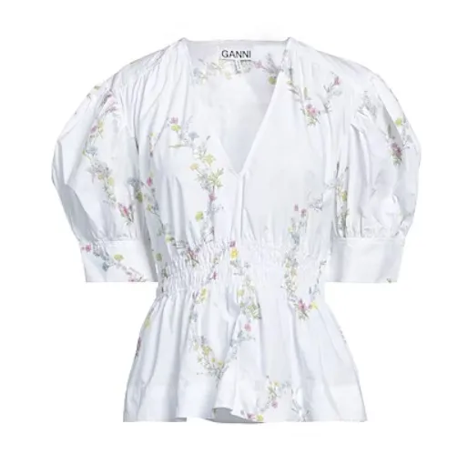 Ganni  |Flower Patterns Cotton Short Sleeves Puff Sleeves