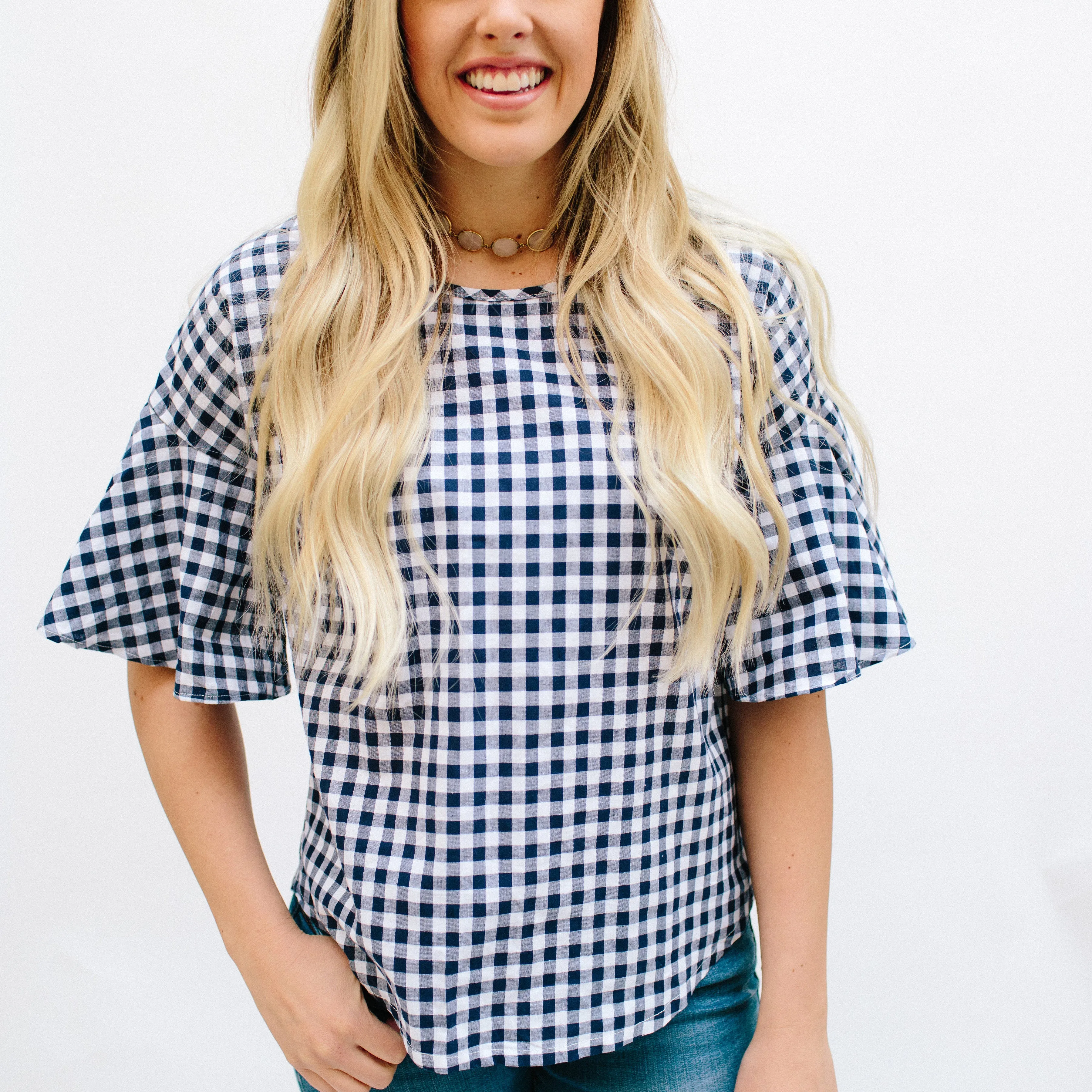 Gingham Top with Flutter Sleeves: Navy