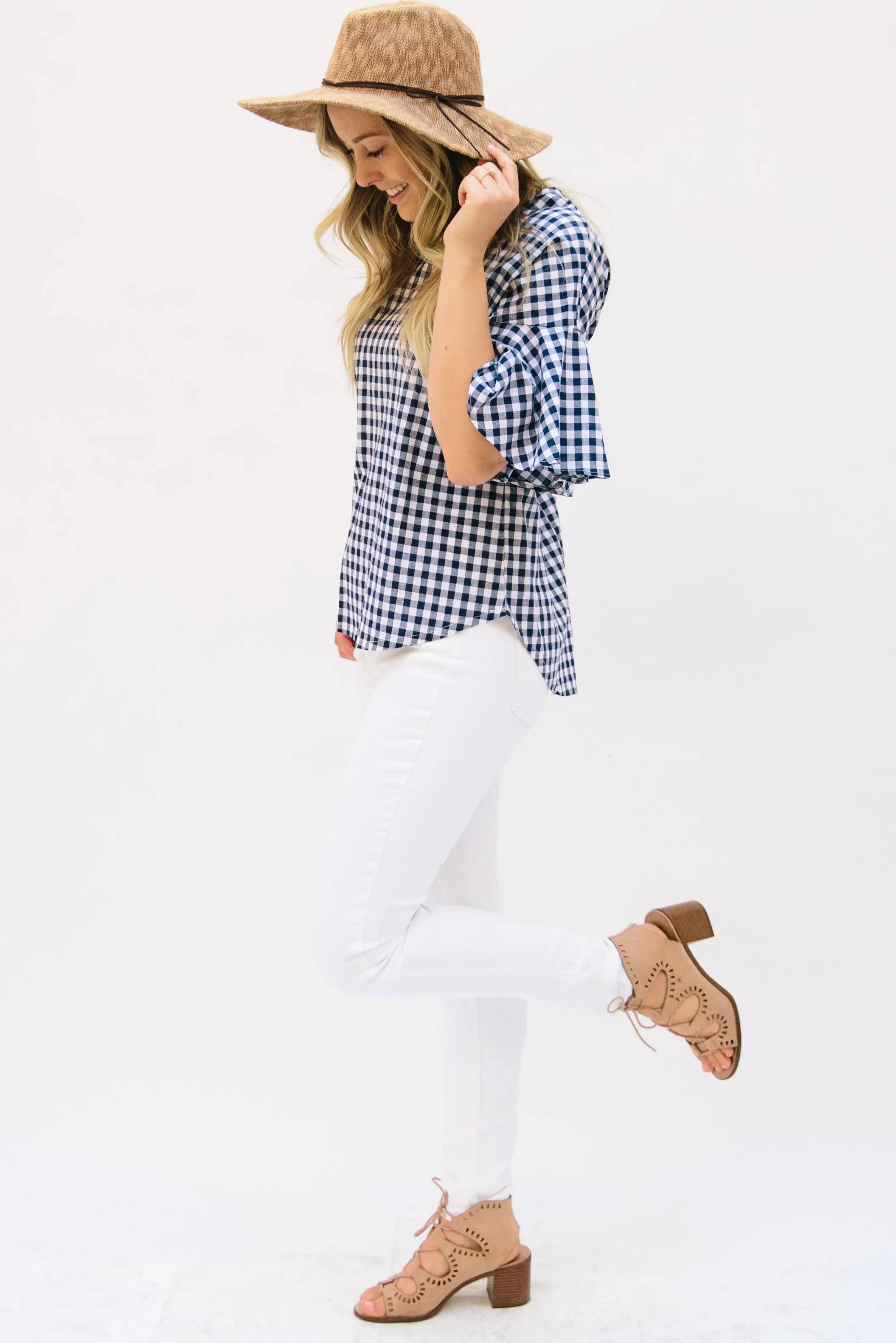 Gingham Top with Flutter Sleeves: Navy