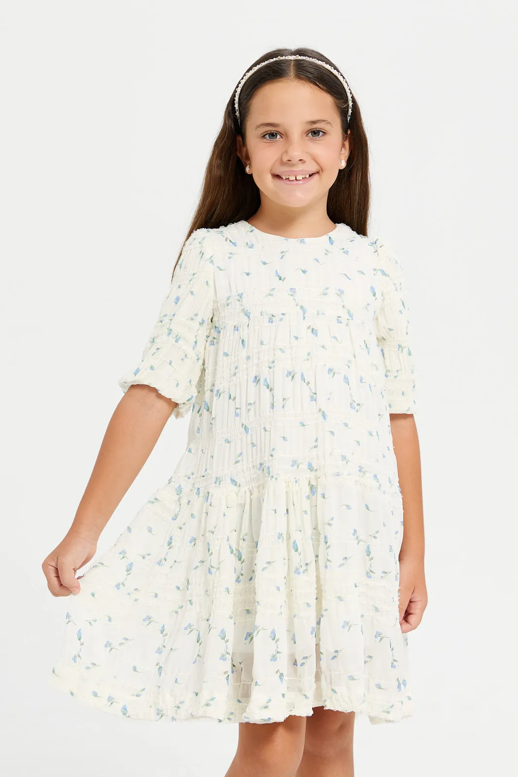 Girls Cream Floral Chiffon Layered Dress