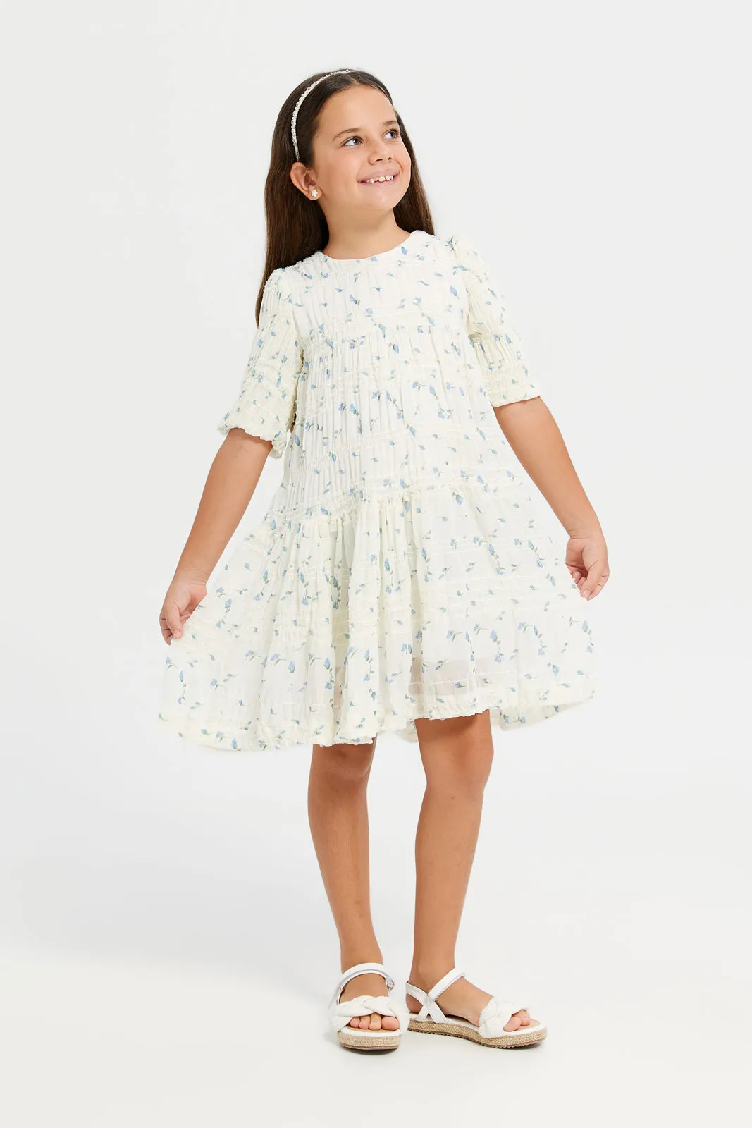 Girls Cream Floral Chiffon Layered Dress