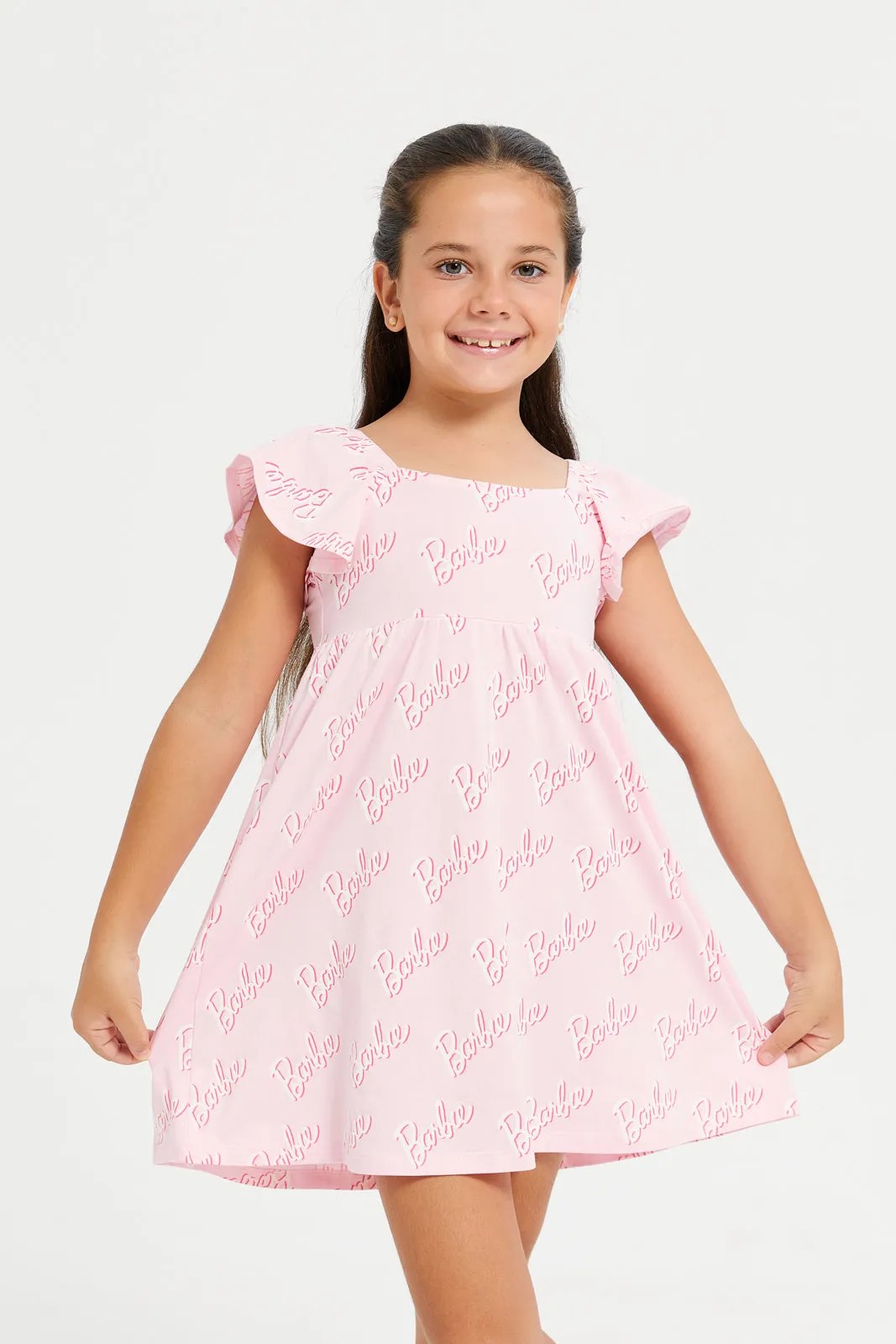 Girls Pink Barbie Flatter Sleeve Dress