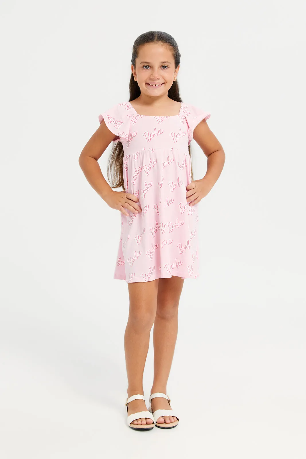 Girls Pink Barbie Flatter Sleeve Dress