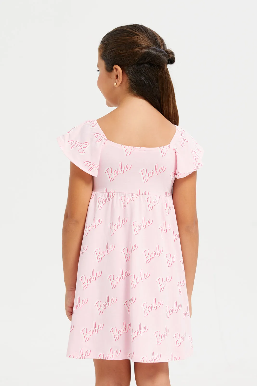 Girls Pink Barbie Flatter Sleeve Dress