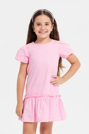 Girls Pink Plain Puff Sleeve Dress