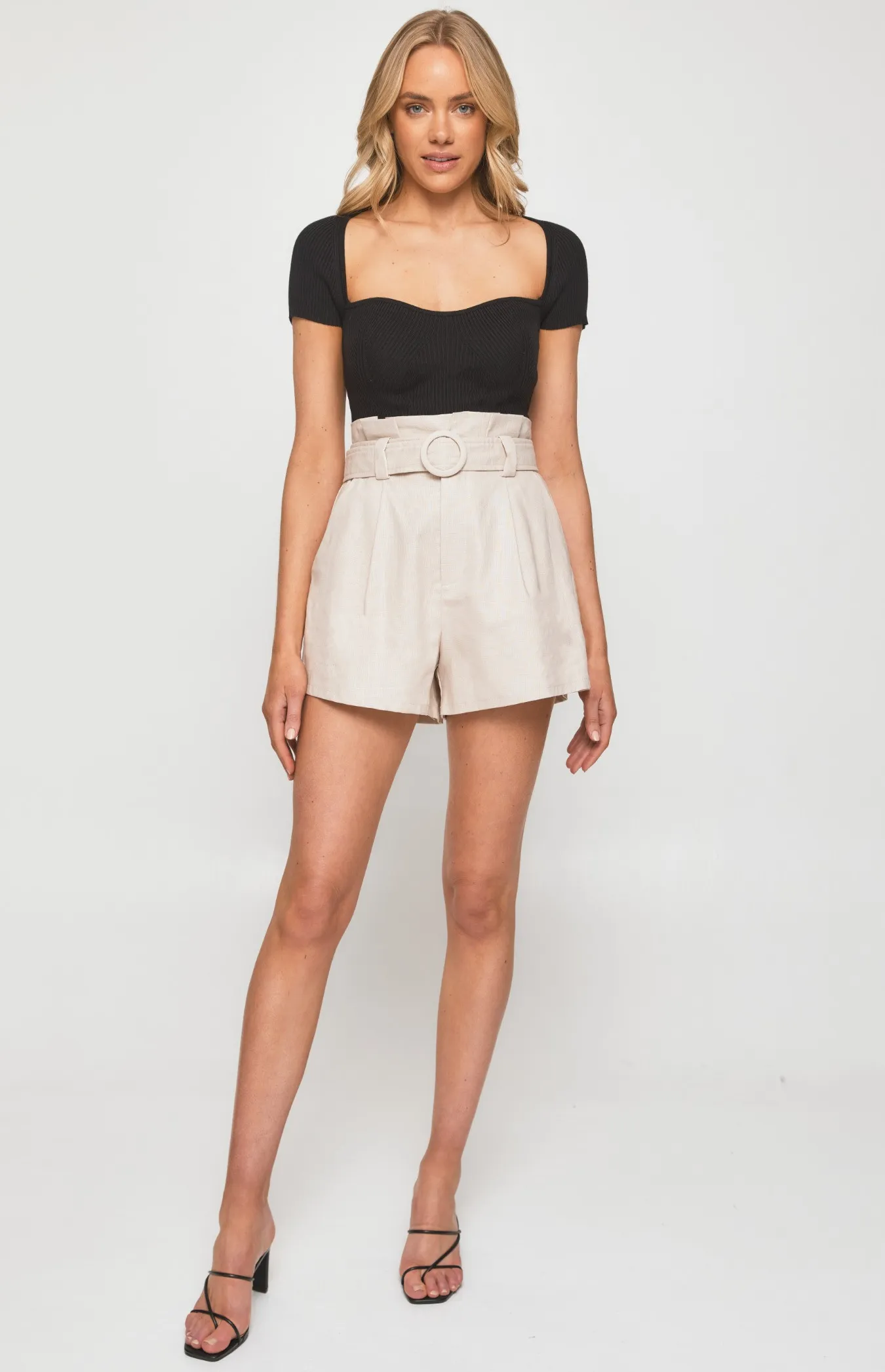 High Waisted Paper Bag Shorts with Circle Buckle Detail (WPA231B)