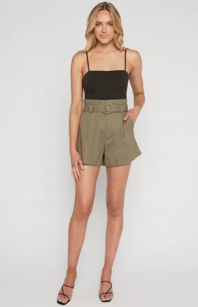 High Waisted Paper Bag Shorts with Circle Buckle Detail (WPA231B)