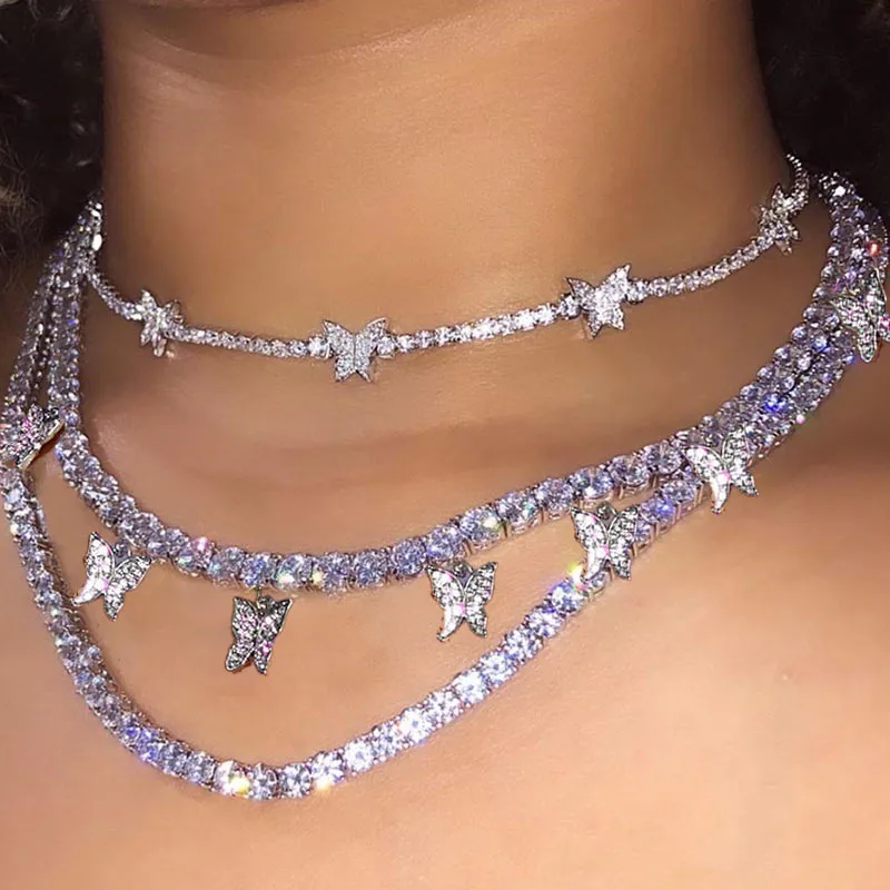 Iced Out Butterfly Choker Necklaces