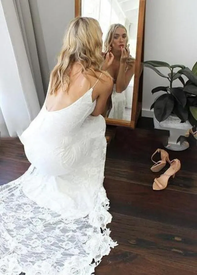 Kailin | Backless Spaghetti Straps Lace Appliqued Boho Wedding Dress with High Slit