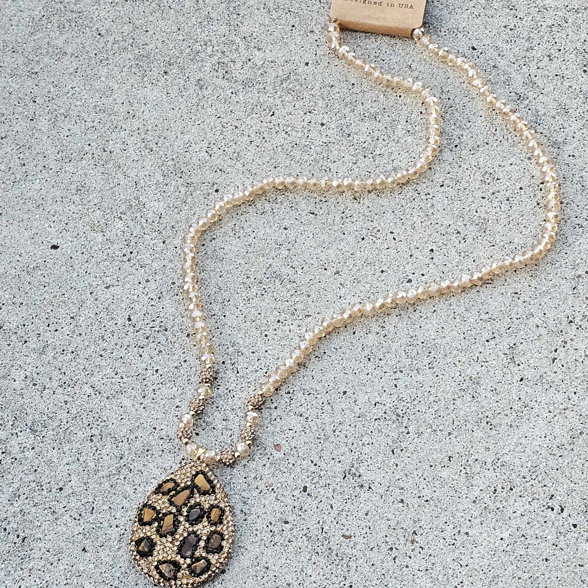 Leopard Teardrop Cream Beaded Long Necklace