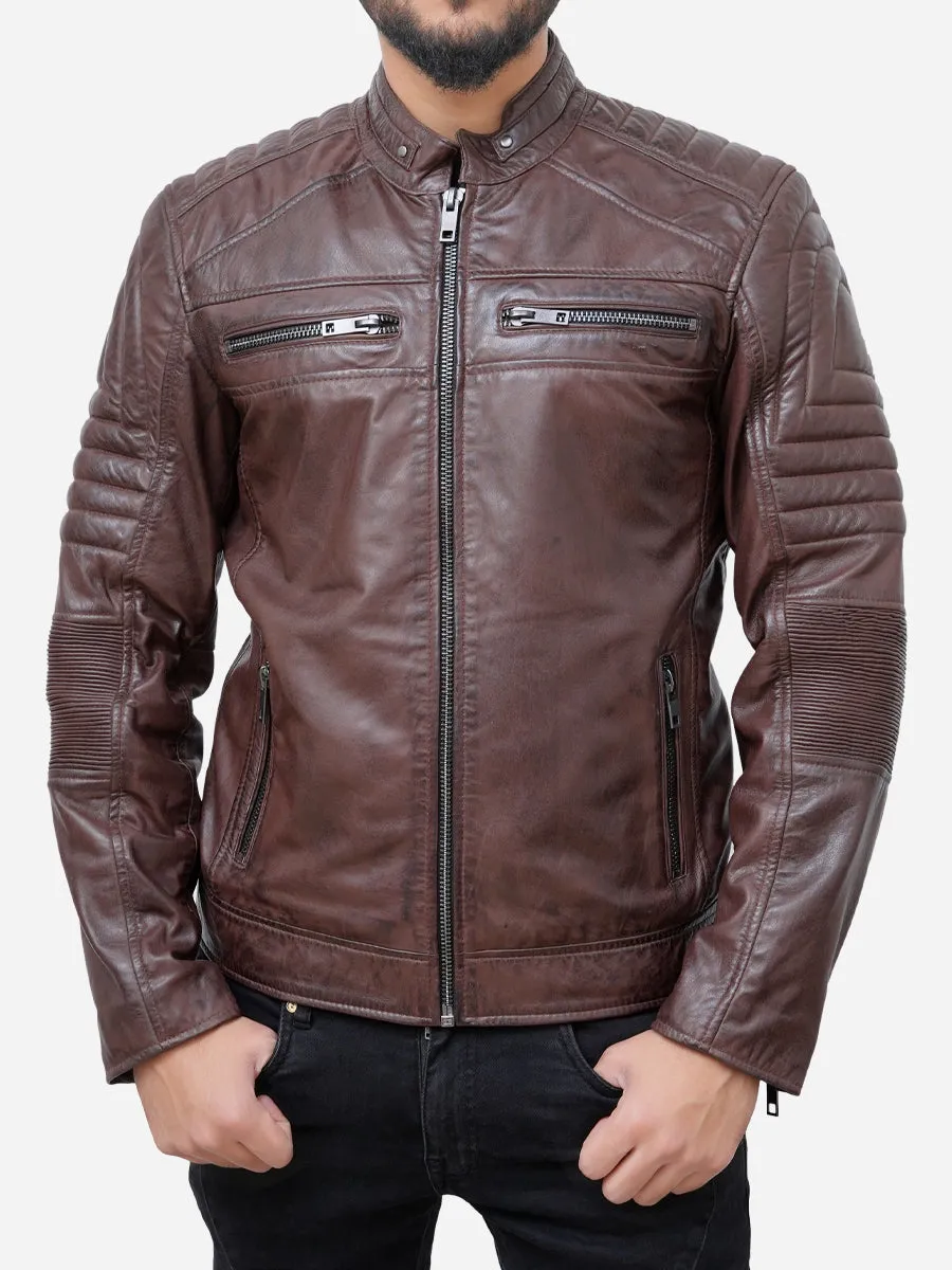 Matthew Brown Padded Leather Motorcycle Jacket