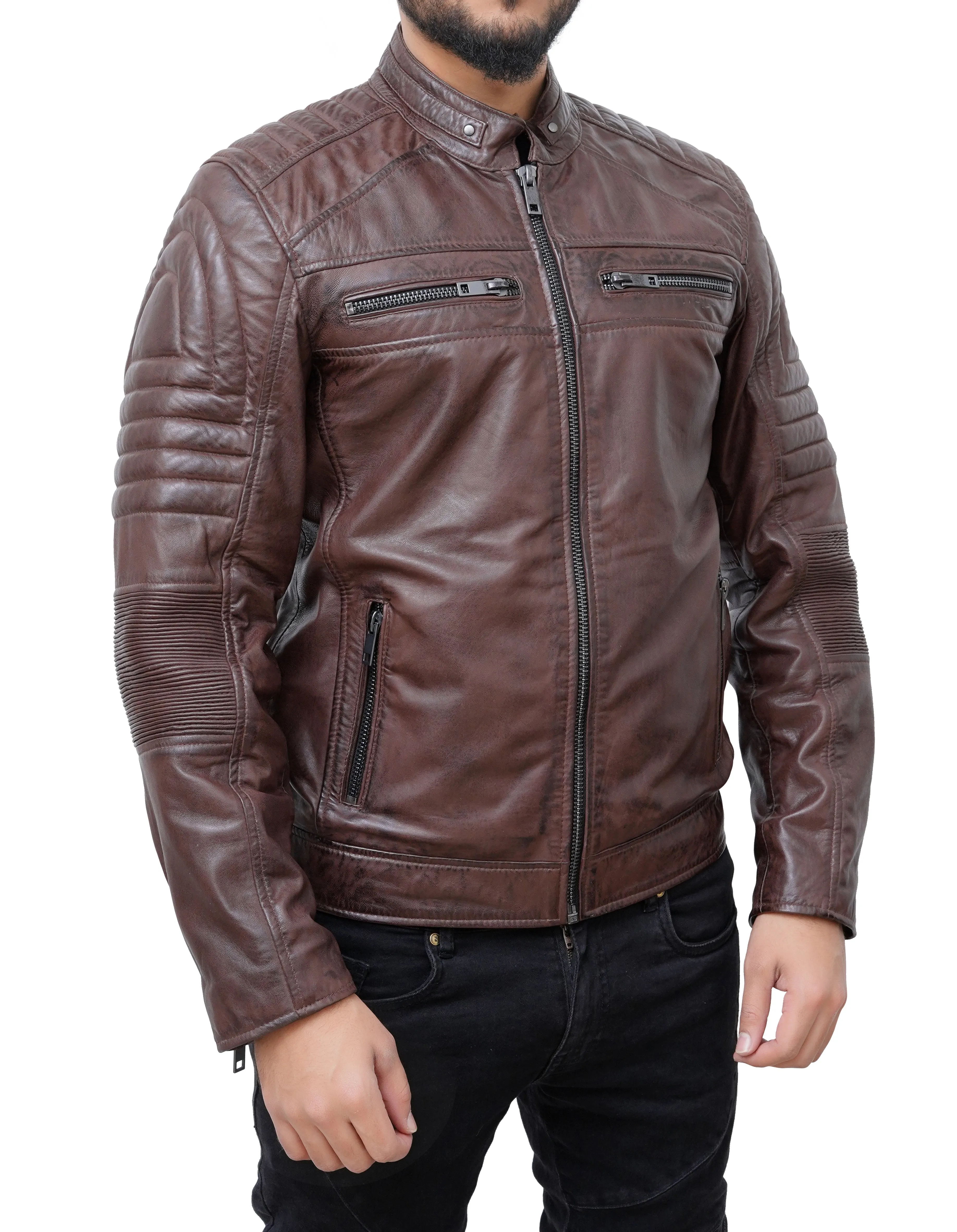 Matthew Brown Padded Leather Motorcycle Jacket