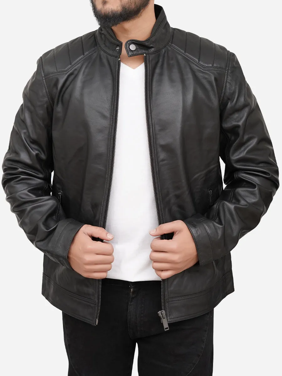 Men Casual Black Genuine Leather Jacket