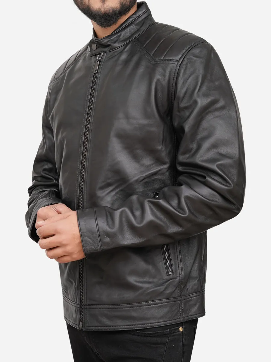 Men Casual Black Genuine Leather Jacket