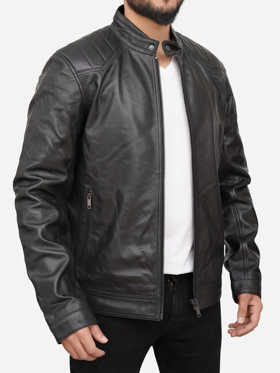 Men Casual Black Genuine Leather Jacket