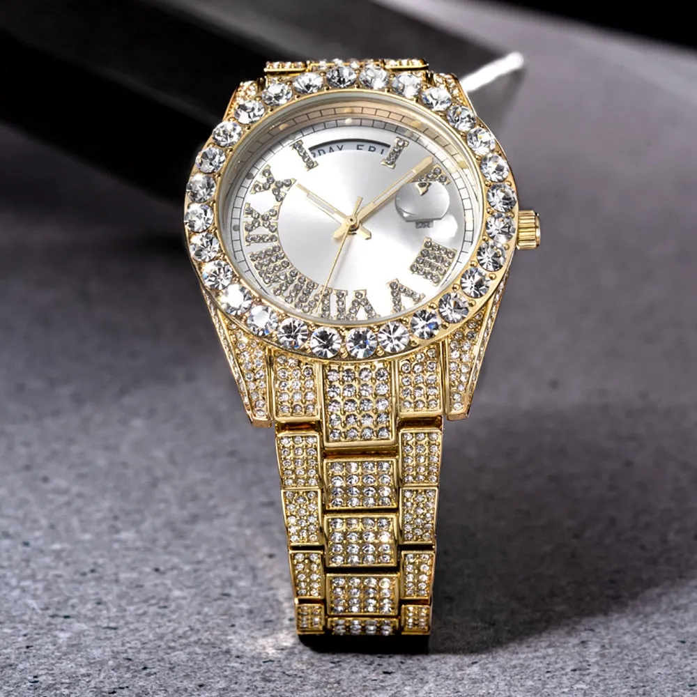 Men's Gold Nano Vaccum Plated Full Diamond Waterproof Quartz Watch