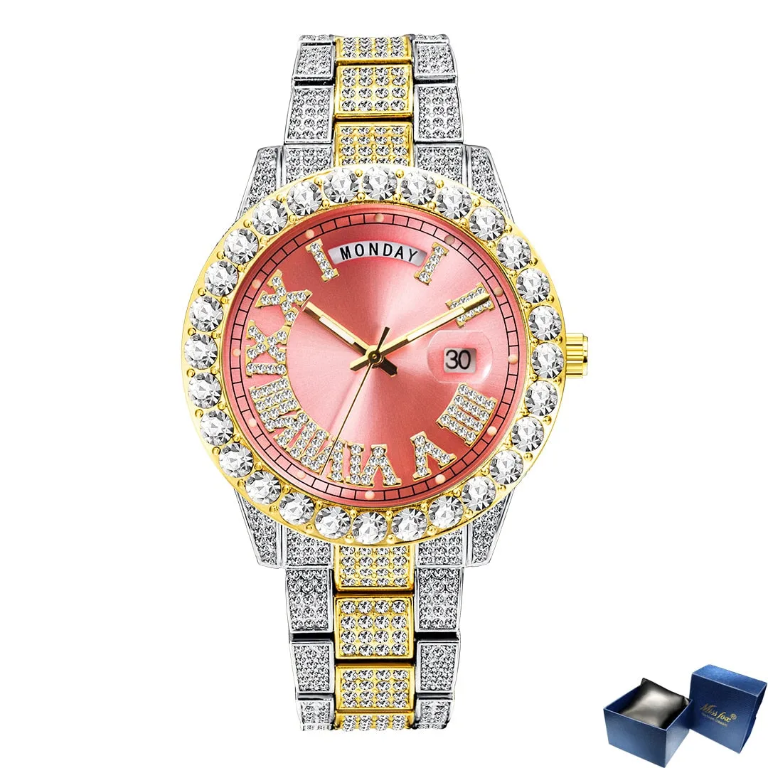 Men's Gold Nano Vaccum Plated Full Diamond Waterproof Quartz Watch