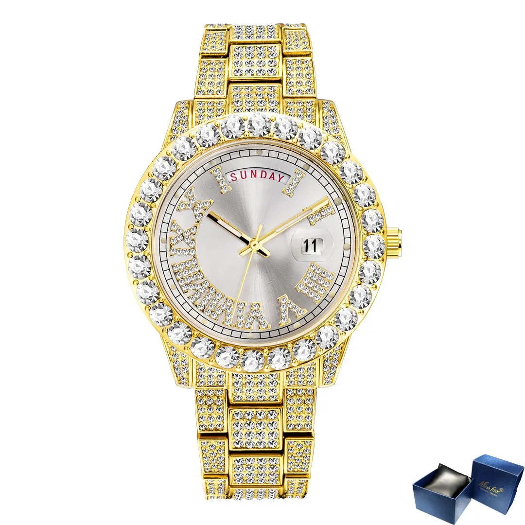 Men's Gold Nano Vaccum Plated Full Diamond Waterproof Quartz Watch