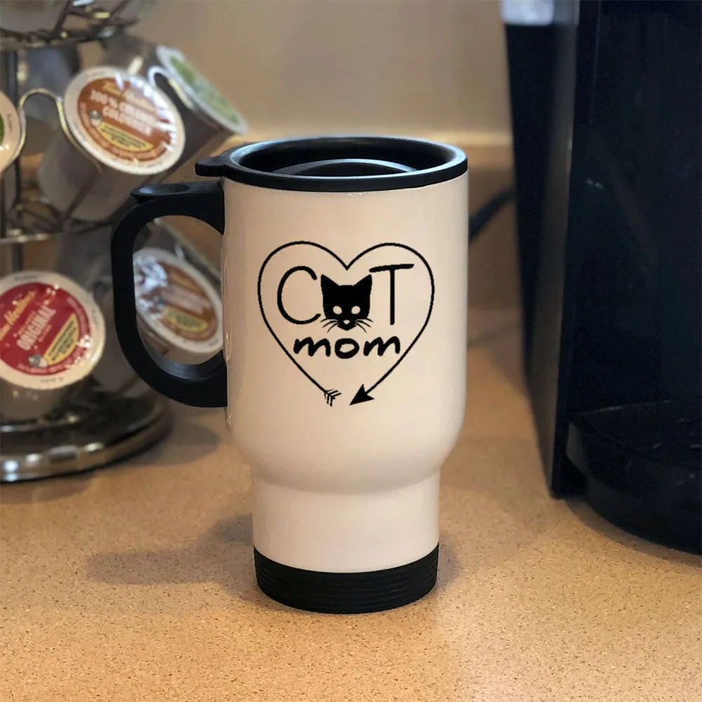 Metal Coffee and Tea Travel Mug Cat Mom Heart Arrow