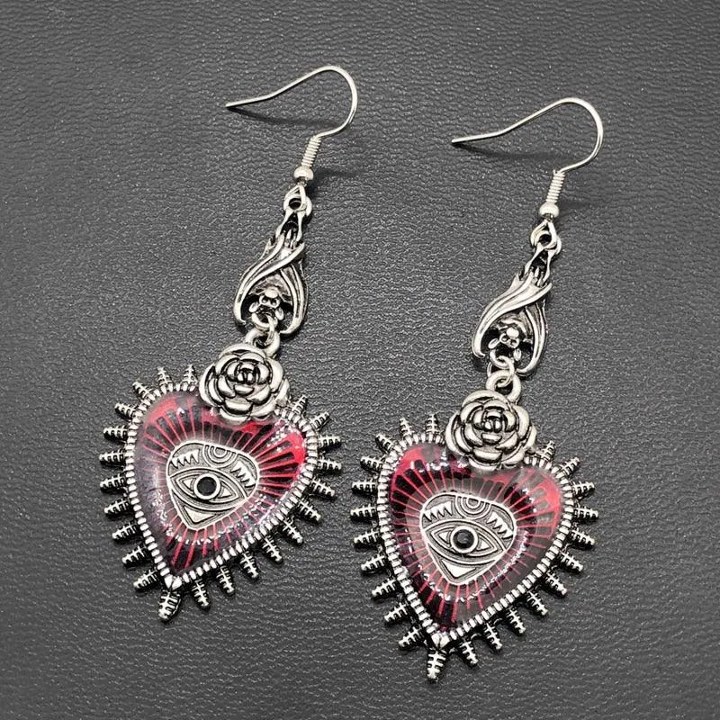 Occult Dark Drop Jewelry Blood Rose Heart Oil Bat Gothic Earrings